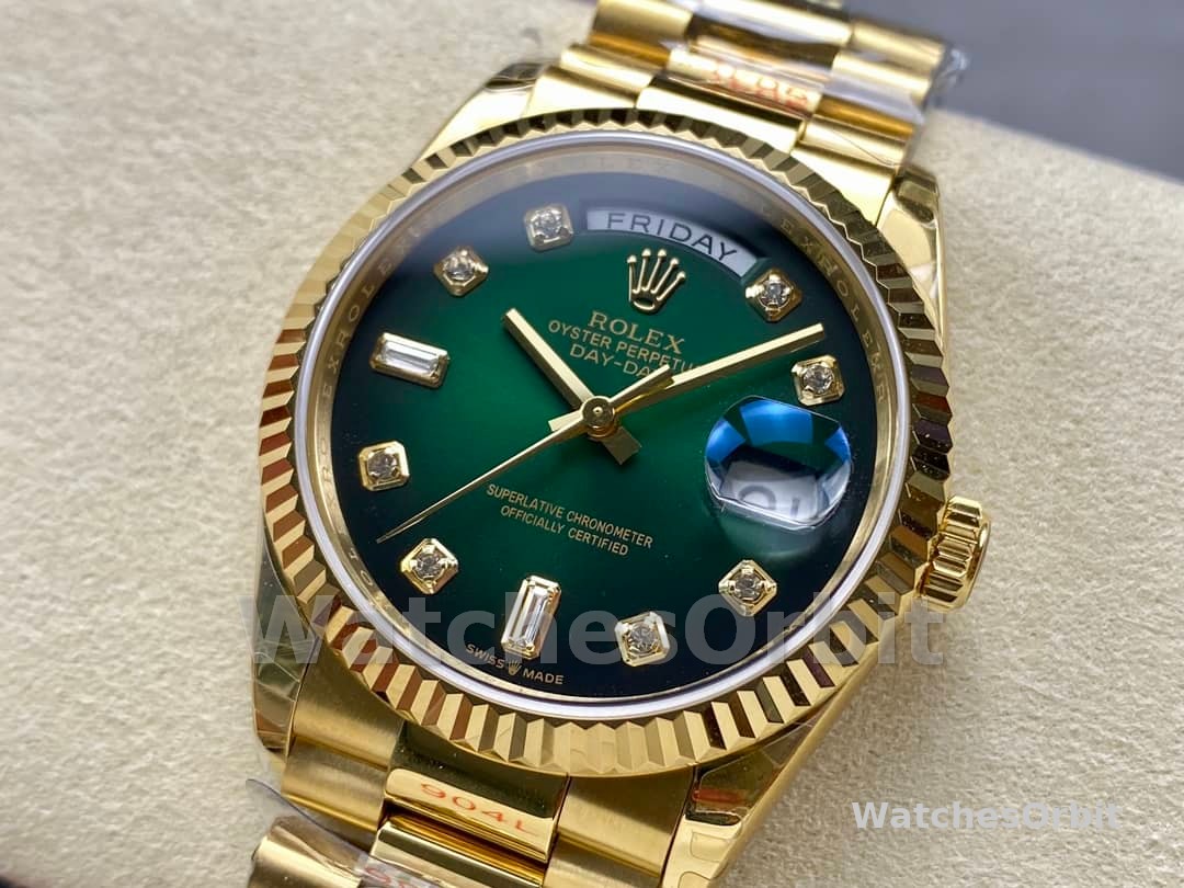 Rolex Day-Date 128238 Fluted Bezel Green Diamond Dial 36MM Unisex Replica Watch