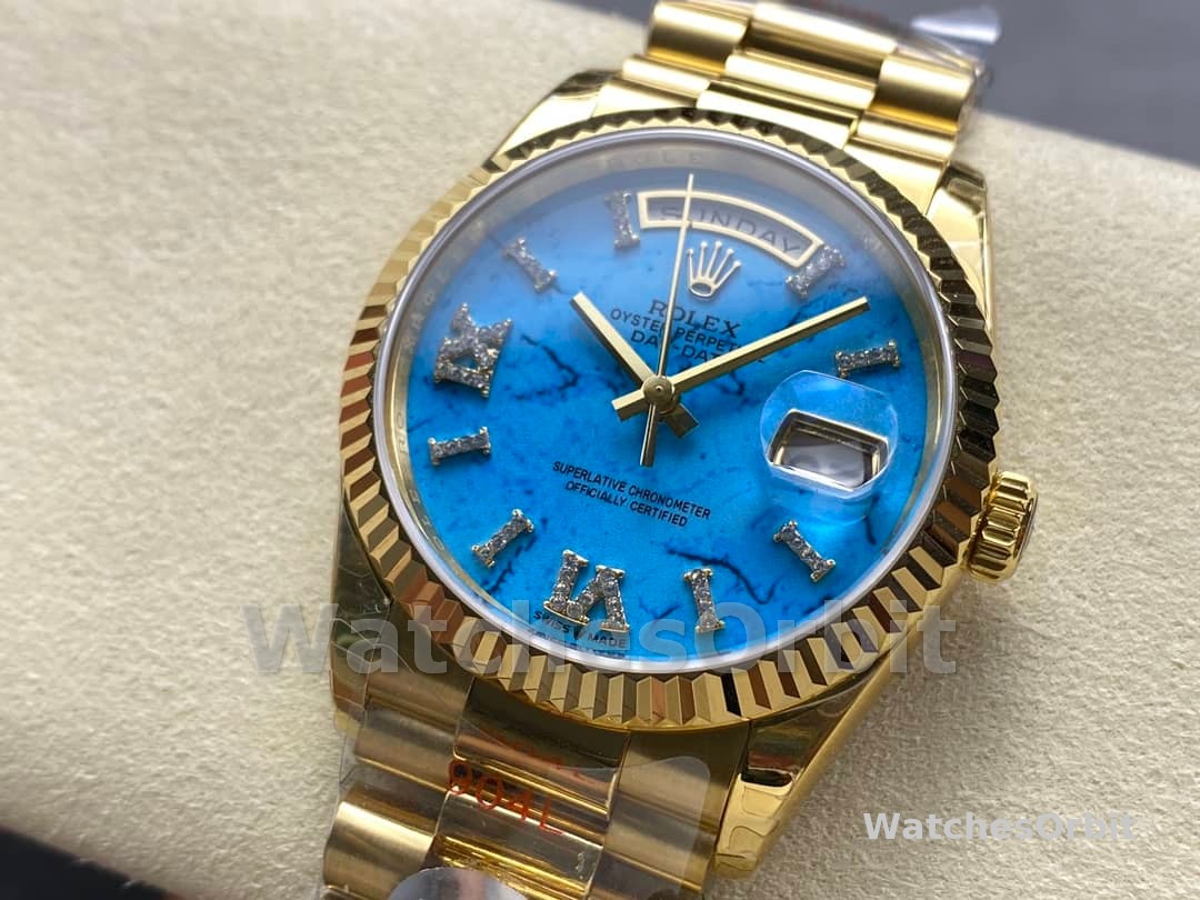 Rolex Day-Date 128238 Fluted Bezel Turquoise Diamond Dial 36MM Unisex Replica Watch