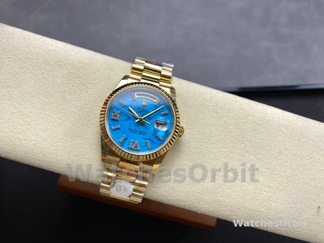 Rolex Day-Date 128238 Fluted Bezel Turquoise Diamond Dial 36MM Unisex Replica Watch