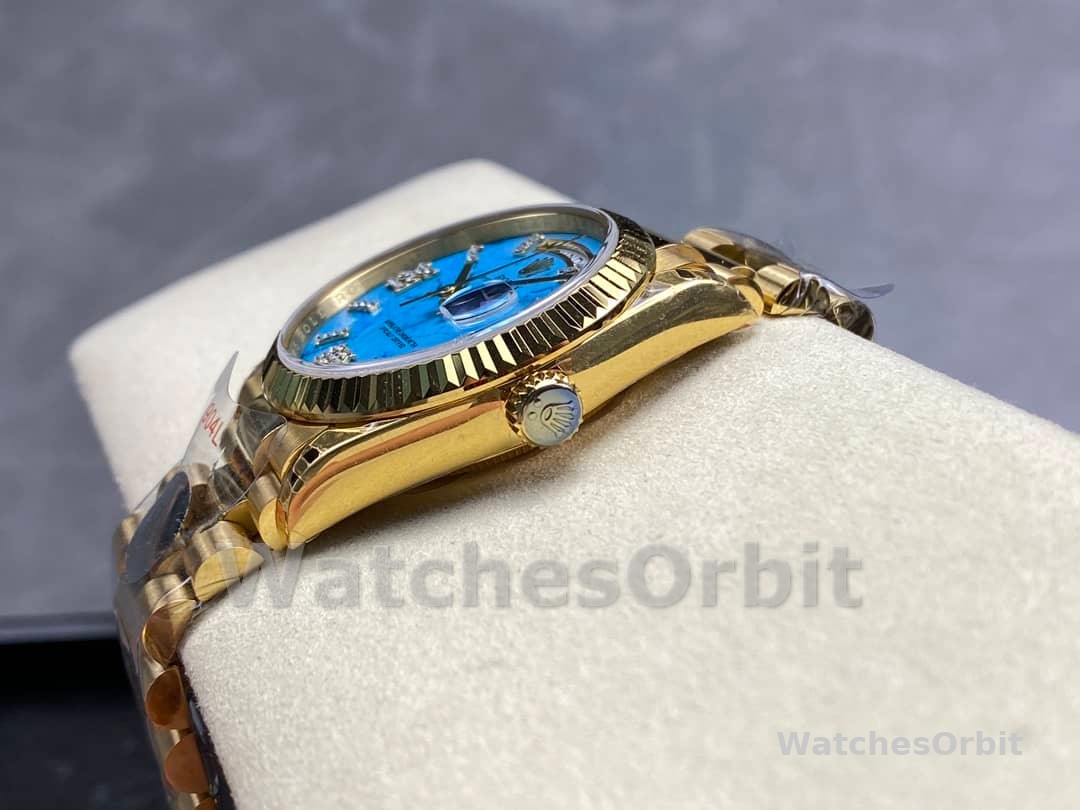 Rolex Day-Date 128238 Fluted Bezel Turquoise Diamond Dial 36MM Unisex Replica Watch
