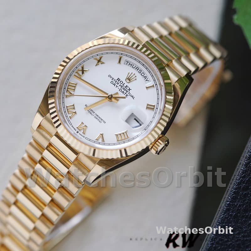 Rolex Day-Date 128238 Fluted Bezel White Roman Dial 36MM Replica Watch