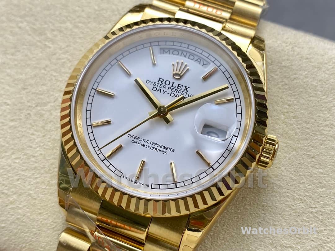 Rolex Day-Date 128238 Fluted Bezel White Roman Dial 36MM Replica Watch