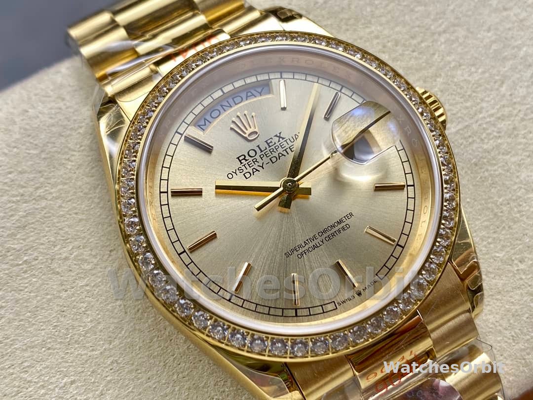 Rolex Day-Date 128348RBR Champagne Index Dial Yellow Gold 36MM Unisex Replica Watch