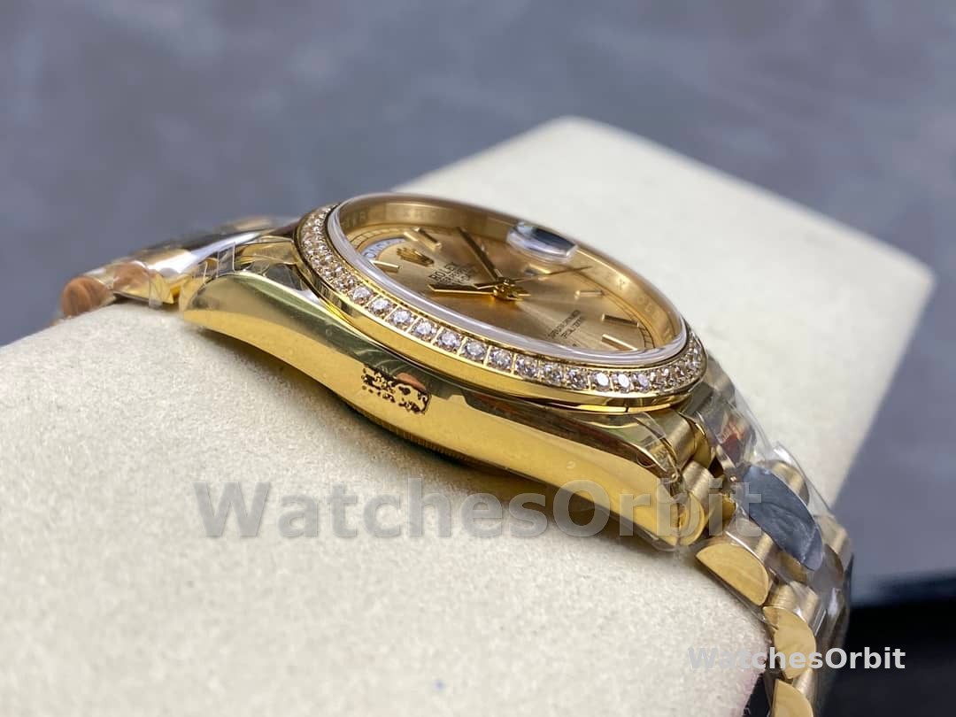 Rolex Day-Date 128348RBR Champagne Index Dial Yellow Gold 36MM Unisex Replica Watch
