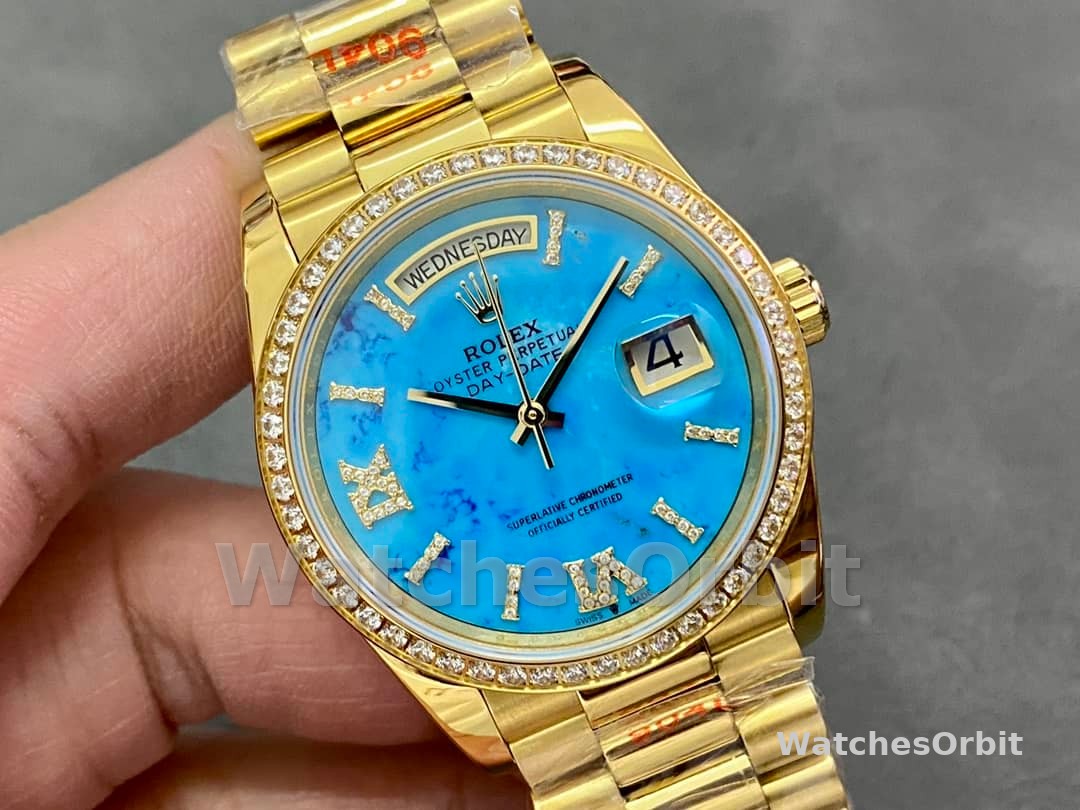 Rolex Day-Date 128348RBR Turquoise Diamond Dial Yellow Gold 36MM Unisex Replica Watch