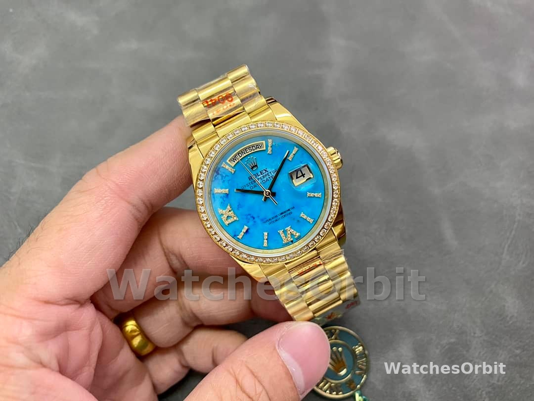 Rolex Day-Date 128348RBR Turquoise Diamond Dial Yellow Gold 36MM Unisex Replica Watch