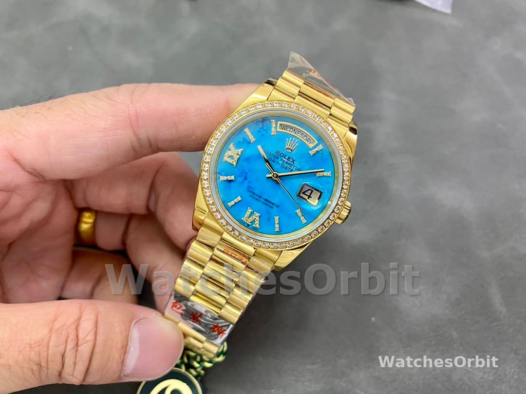 Rolex Day-Date 128348RBR Turquoise Diamond Dial Yellow Gold 36MM Unisex Replica Watch
