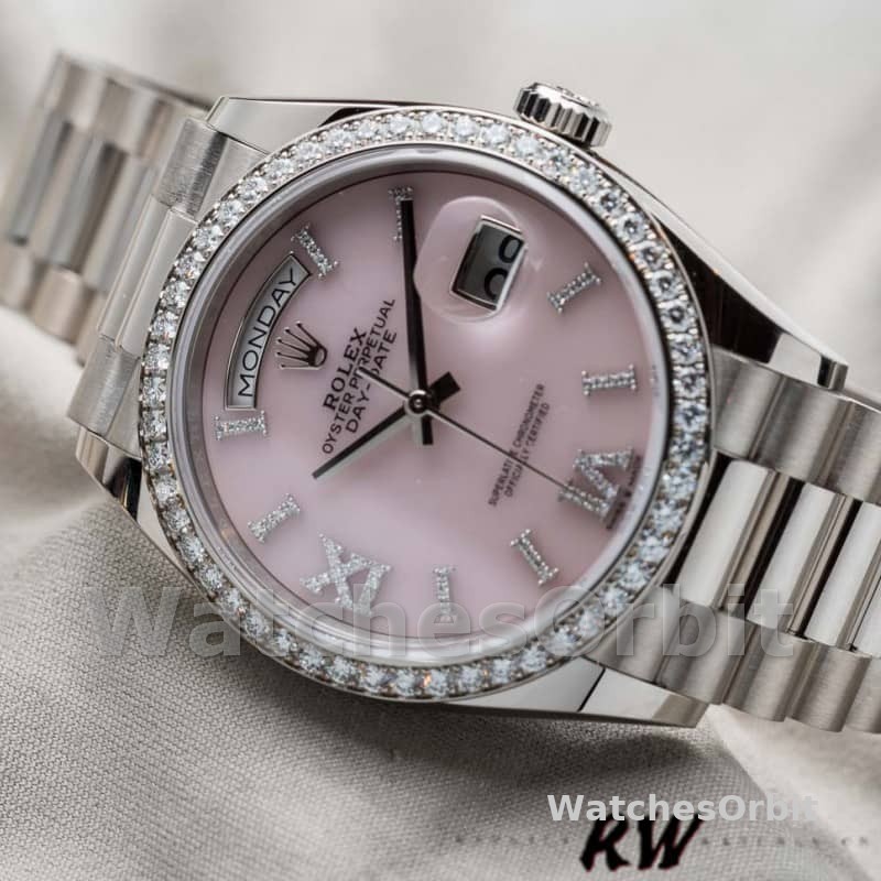 Rolex Day-Date 128349RBR Pink Opal Dial Diamond Bezel 36MM Unisex Replica Watch