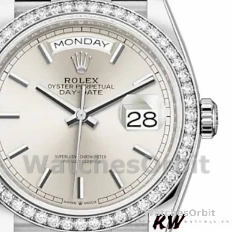 Rolex Day-Date 128349RBR Silver Index Dial Diamond Bezel 36MM Unisex Replica Watch