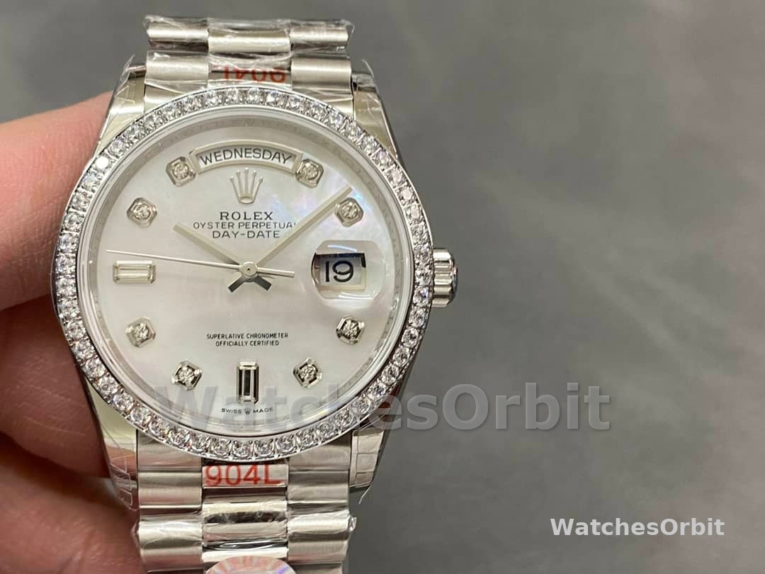 Rolex Day-Date 128349RBR White Mother of Pearl Dial Diamond Bezel 36MM Lady Replica Watch