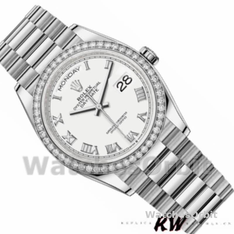 Rolex Day-Date 128349RBR White Roman Dial Diamond Bezel 36MM Unisex Replica Watch