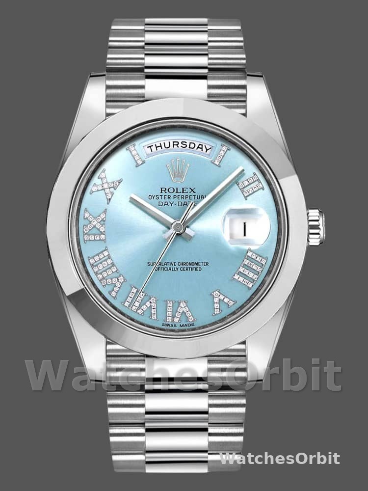 Rolex Day-Date 218206 Glacier Blue Diamond Roman Dial Platinum 41MM Mens Replica Watch