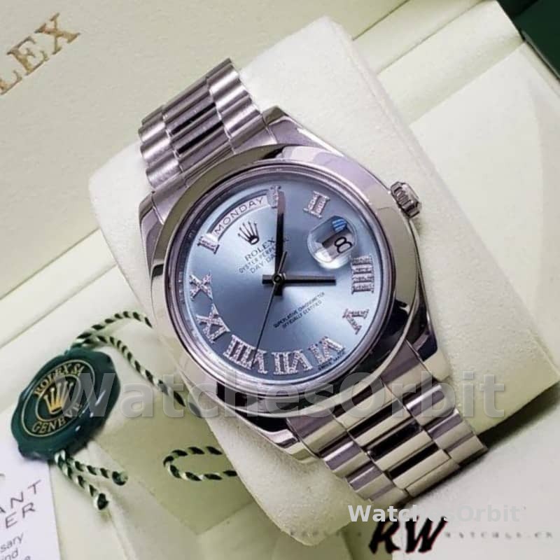 Rolex Day-Date 218206 Glacier Blue Diamond Roman Dial Platinum 41MM Mens Replica Watch