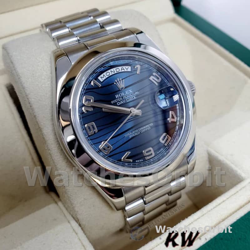 Rolex Day-Date 218206 Wave Pattern Blue Dial Platinum 41MM Mens Replica Watch