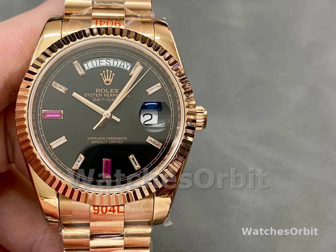 Rolex Day-Date 218235 Diamonds and Rubies Black Dial Rose Gold 41MM Mens Replica Watch