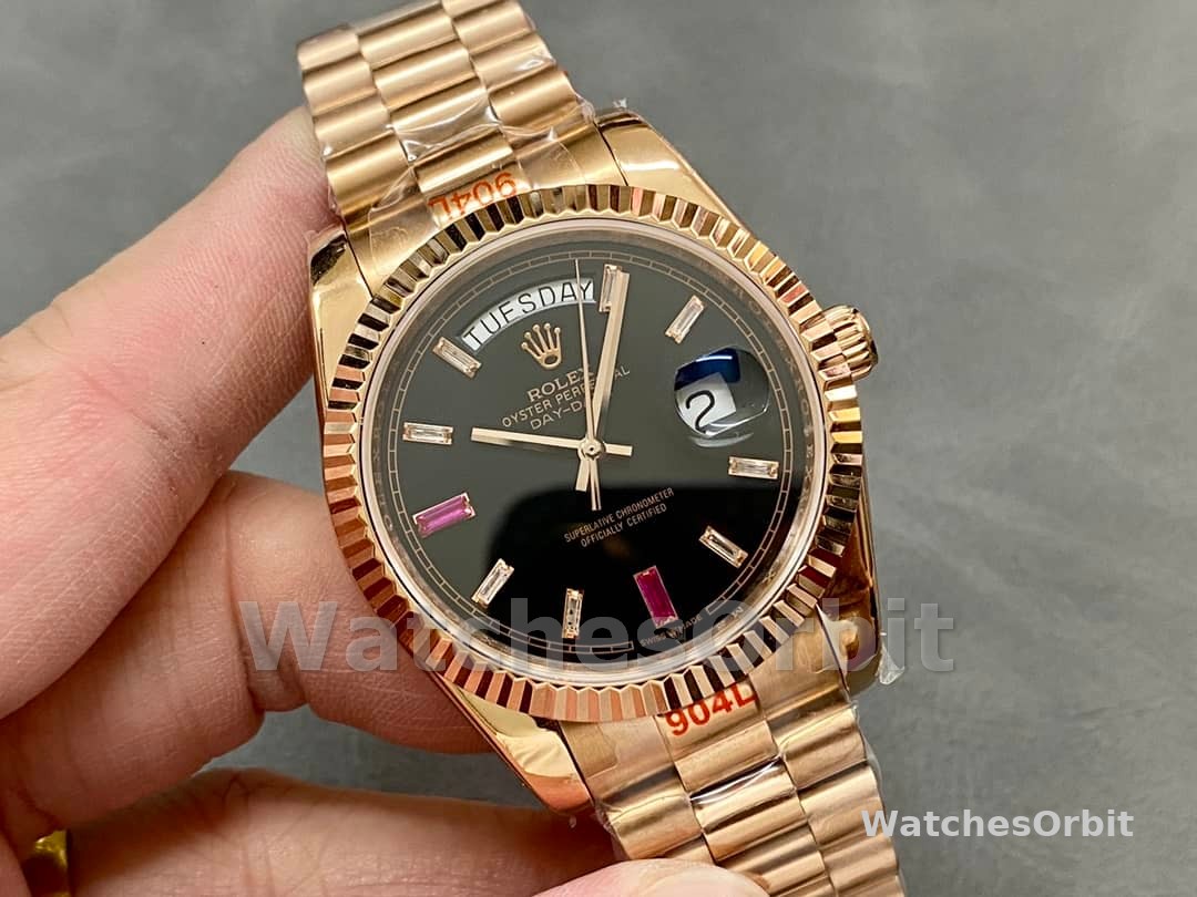 Rolex Day-Date 218235 Diamonds and Rubies Black Dial Rose Gold 41MM Mens Replica Watch
