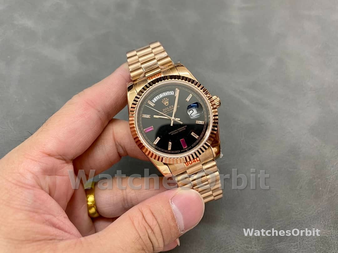 Rolex Day-Date 218235 Diamonds and Rubies Black Dial Rose Gold 41MM Mens Replica Watch