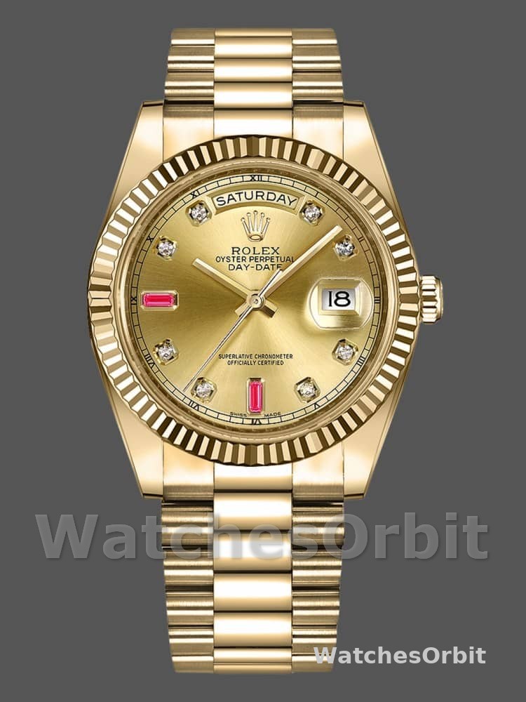 Rolex Day-Date 218238 Champagne Ruby Dial Yellow Gold 41MM Mens Replica Watch