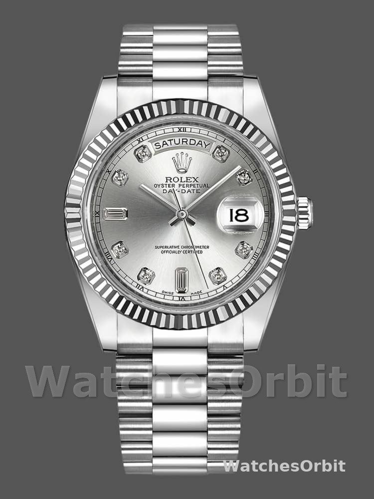 Rolex Day-Date 218239 Diamond Silver Dial White Gold 41MM Mens Replica Watch