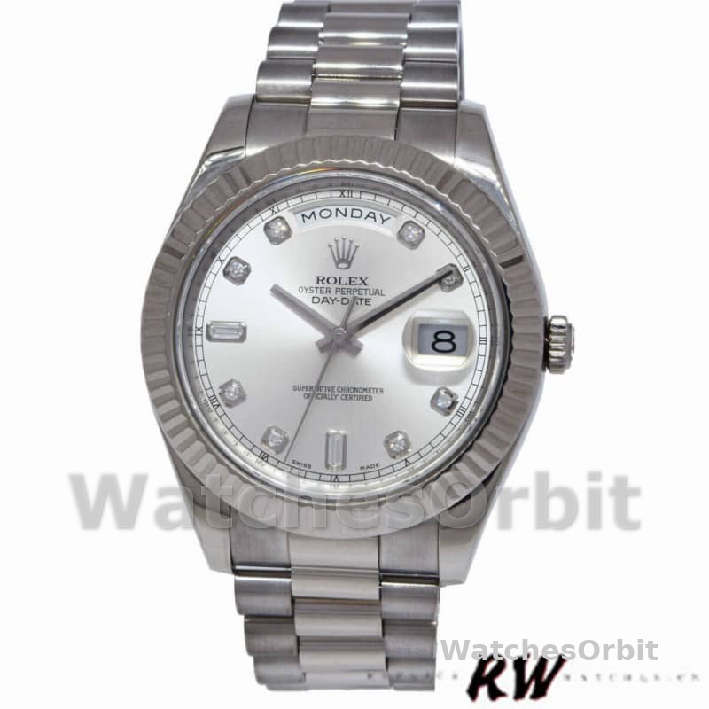 Rolex Day-Date 218239 Diamond Silver Dial White Gold 41MM Mens Replica Watch