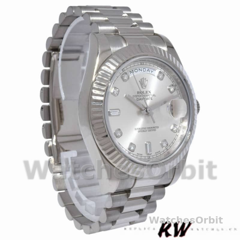 Rolex Day-Date 218239 Diamond Silver Dial White Gold 41MM Mens Replica Watch