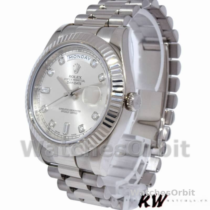 Rolex Day-Date 218239 Diamond Silver Dial White Gold 41MM Mens Replica Watch