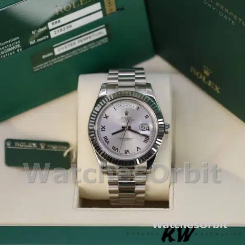 Rolex Day-Date 218239 Silver Roman Numerals Dial White Gold 41MM Mens Replica Watch