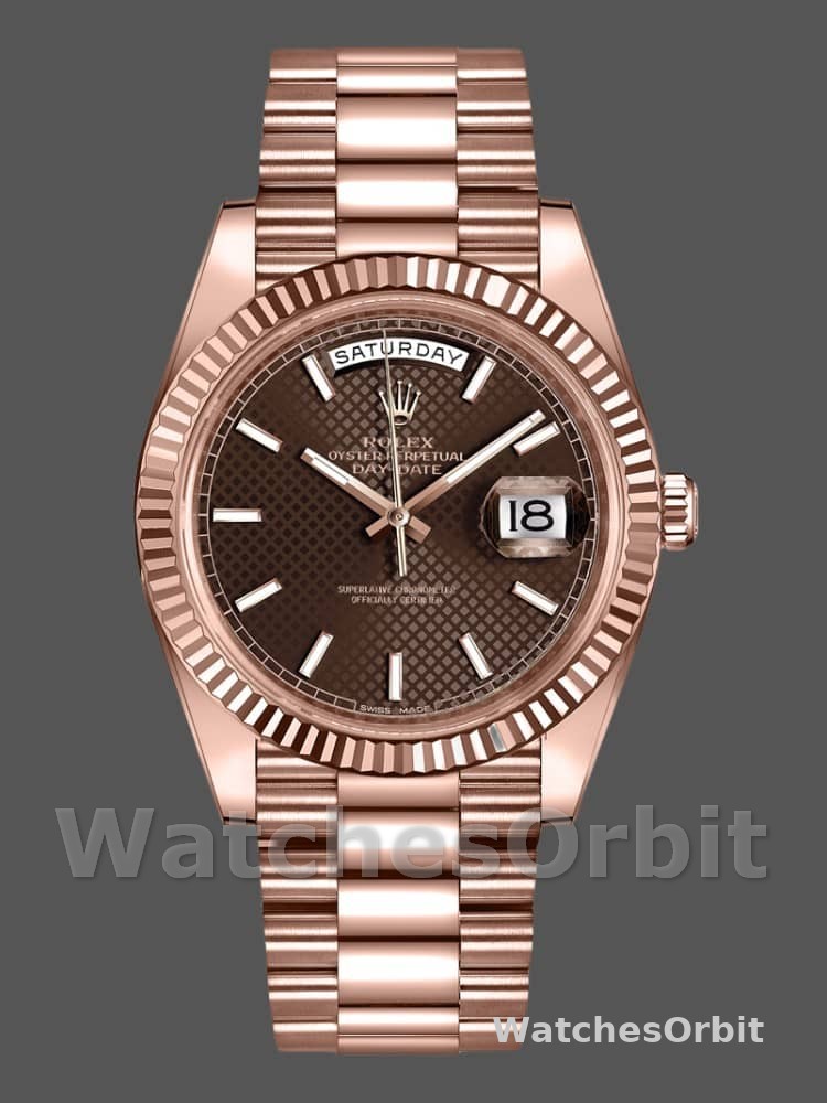 Rolex Day-Date 228235 Chocolate Brown Diagonal Motif Dial Fluted Bezel 40mm Mens Replica Watch