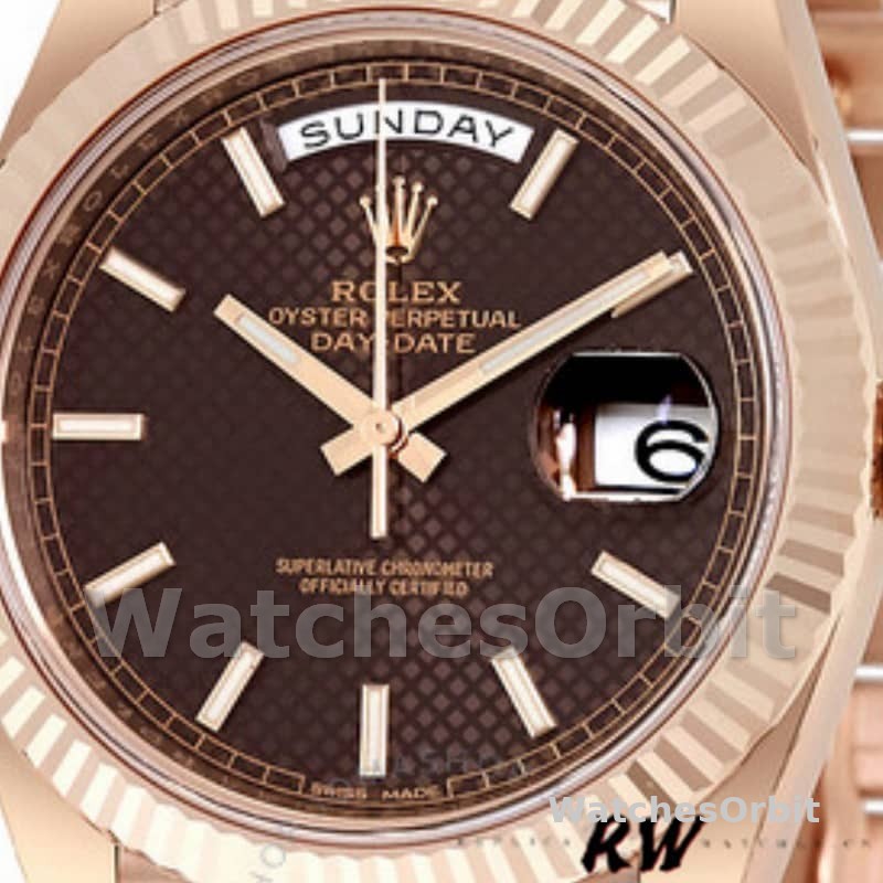 Rolex Day-Date 228235 Chocolate Brown Diagonal Motif Dial Fluted Bezel 40mm Mens Replica Watch