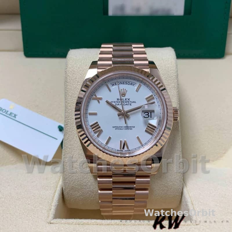 Rolex Day-Date 228235 White Roman Numeral Dial Fluted Bezel 40mm Mens Replica Watch