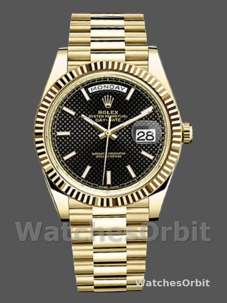 Rolex Day-Date 228238 Black Diagonal Motif Dial Fluted Bezel 40mm Mens Replica Watch