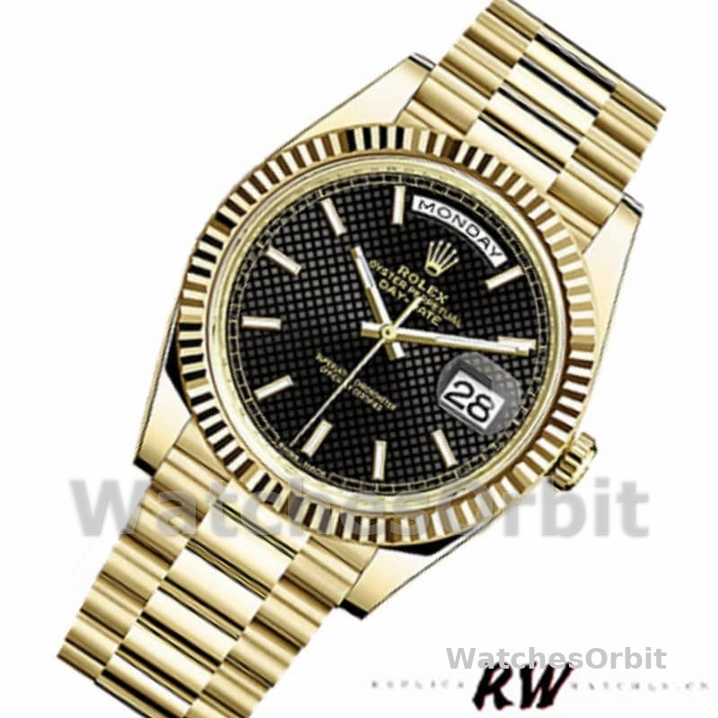 Rolex Day-Date 228238 Black Diagonal Motif Dial Fluted Bezel 40mm Mens Replica Watch