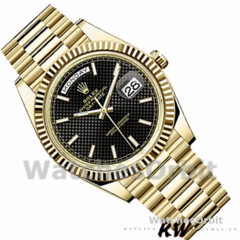 Rolex Day-Date 228238 Black Diagonal Motif Dial Fluted Bezel 40mm Mens Replica Watch