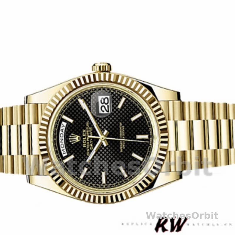 Rolex Day-Date 228238 Black Diagonal Motif Dial Fluted Bezel 40mm Mens Replica Watch