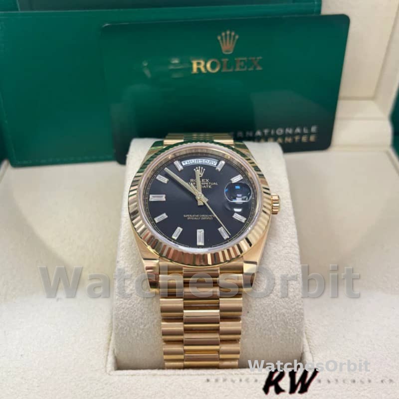 Rolex Day-Date 228238 Black Diamond Dial Fluted Bezel 40mm Mens Replica Watch