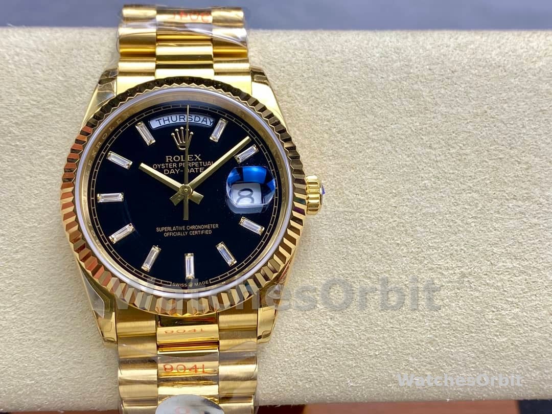 Rolex Day-Date 228238 Black Diamond Dial Fluted Bezel 40mm Mens Replica Watch