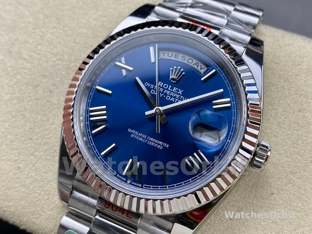 Rolex Day-Date 228239 Blue Roman Dial Fluted Bezel 40mm Mens Replica Watch