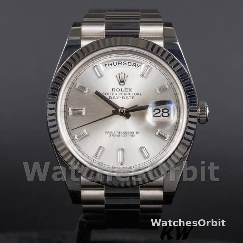 Rolex Day-Date 228239 Silver Baguette Diamond Dial Fluted Bezel 40mm Mens Replica Watch