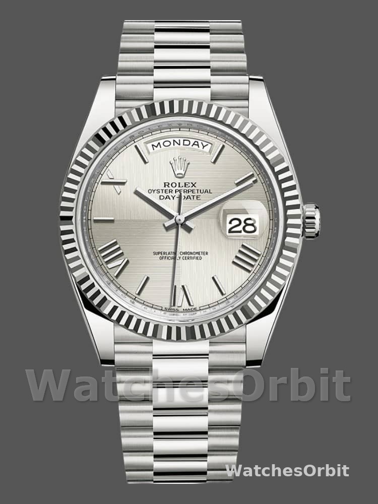 Rolex Day-Date 228239 Silver Quadrant Motif Roman Dial Fluted Bezel 40mm Mens Replica Watch
