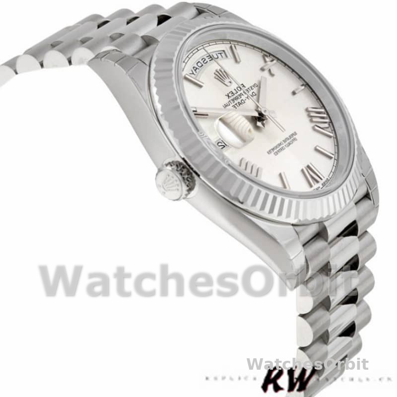 Rolex Day-Date 228239 Silver Quadrant Motif Roman Dial Fluted Bezel 40mm Mens Replica Watch