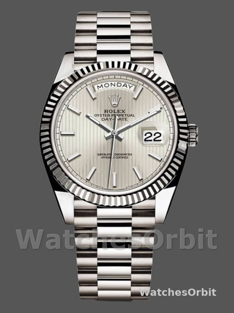 Rolex Day-Date 228239 Silver Stripe Motif Dial Fluted Bezel 40mm Mens Replica Watch