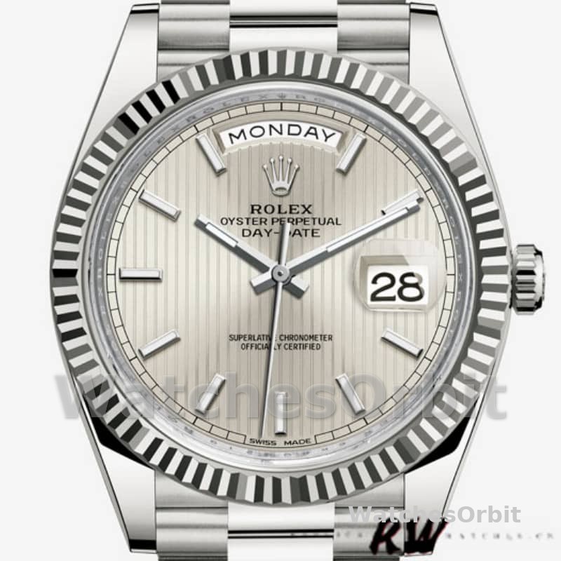 Rolex Day-Date 228239 Silver Stripe Motif Dial Fluted Bezel 40mm Mens Replica Watch
