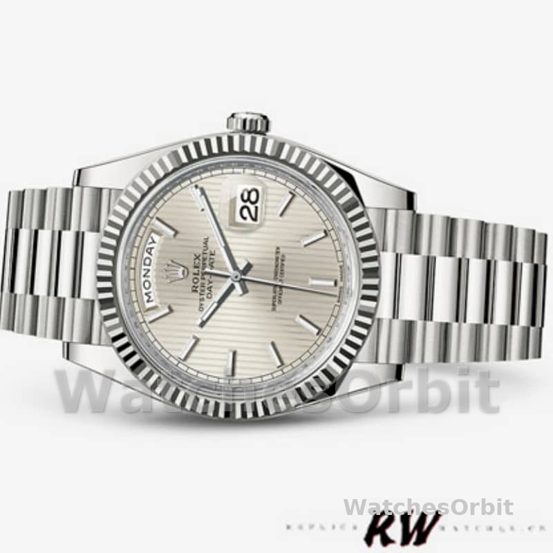 Rolex Day-Date 228239 Silver Stripe Motif Dial Fluted Bezel 40mm Mens Replica Watch