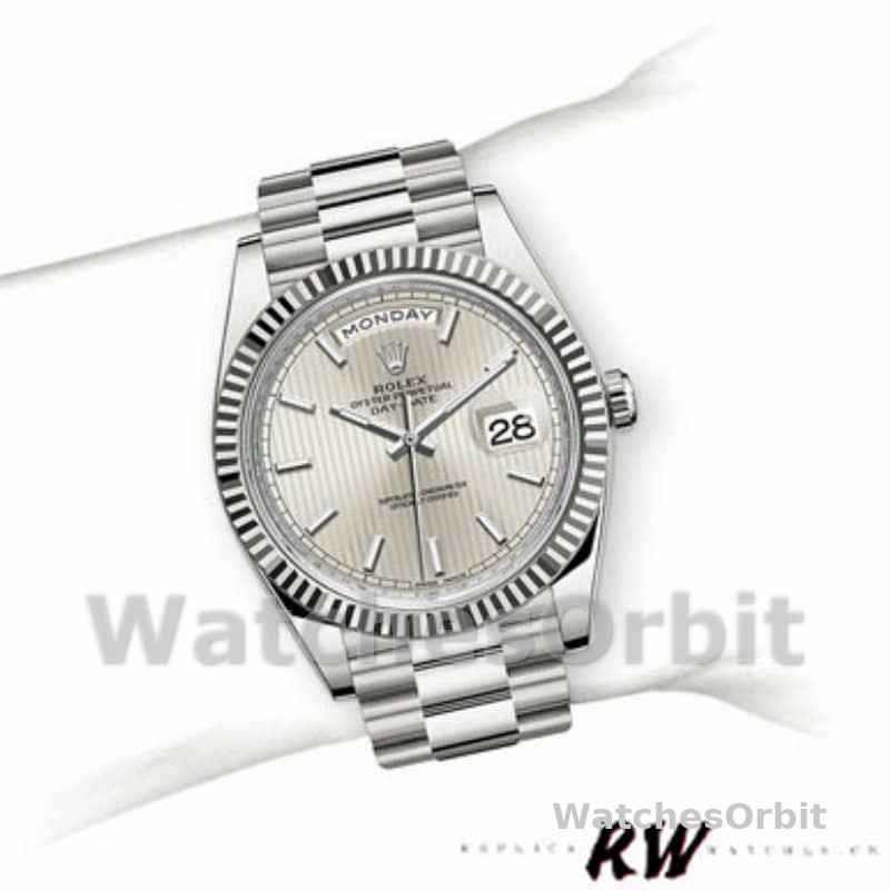 Rolex Day-Date 228239 Silver Stripe Motif Dial Fluted Bezel 40mm Mens Replica Watch