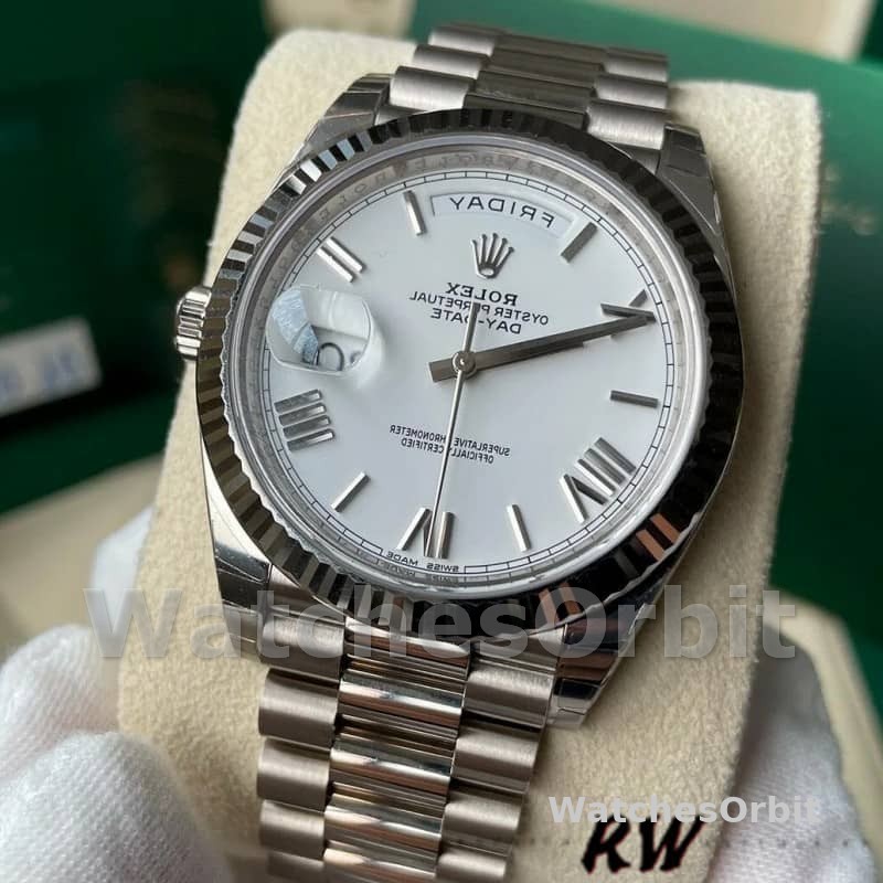 Rolex Day-Date 228239 White Roman Dial Fluted Bezel 40mm Mens Replica Watch