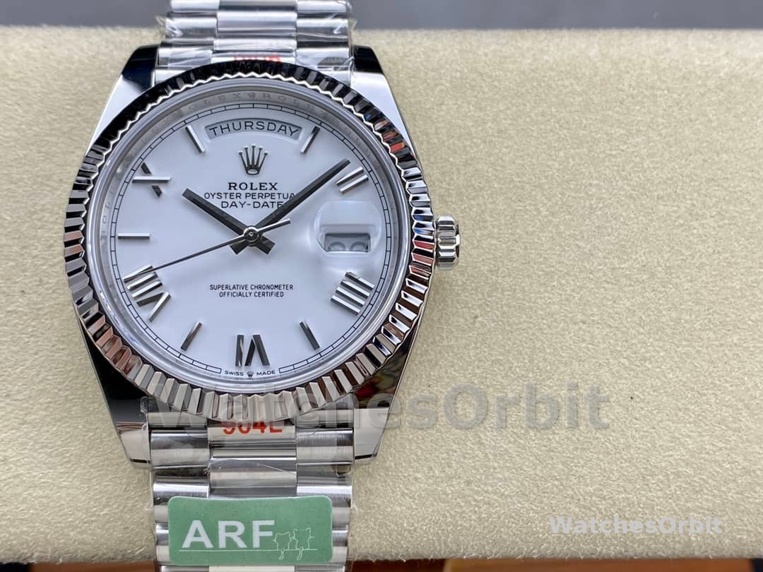 Rolex Day-Date 228239 White Roman Dial Fluted Bezel 40mm Mens Replica Watch