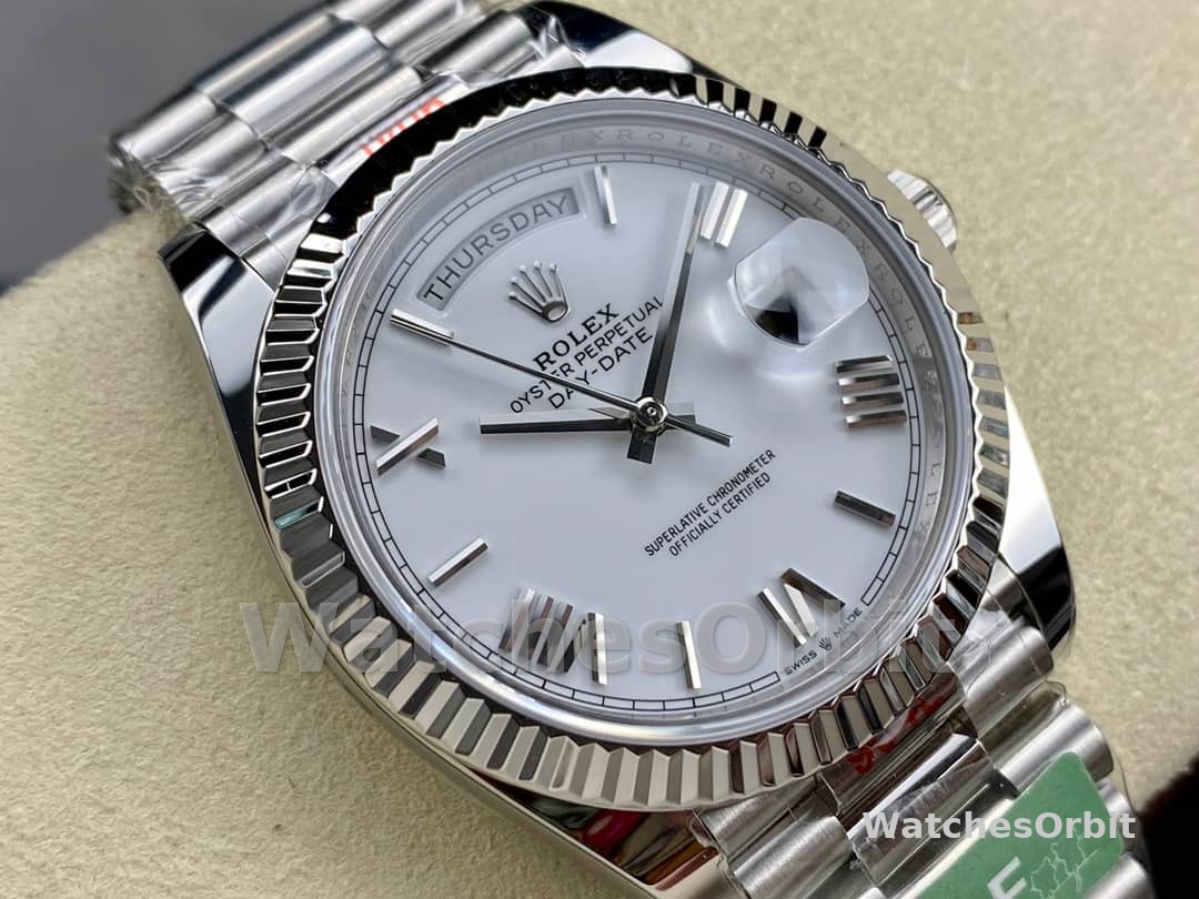 Rolex Day-Date 228239 White Roman Dial Fluted Bezel 40mm Mens Replica Watch
