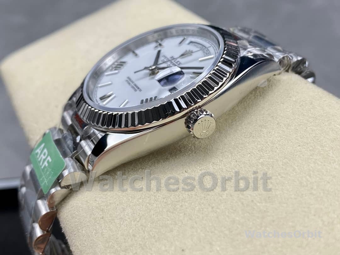 Rolex Day-Date 228239 White Roman Dial Fluted Bezel 40mm Mens Replica Watch