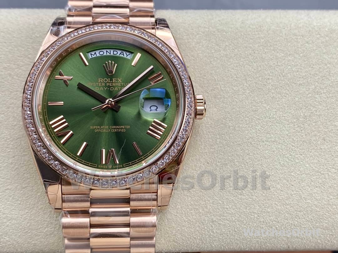 Rolex Day-Date 228345RBR 0011 Olive Green Roman Dial Diamond Bezel 40mm Mens Replica Watch