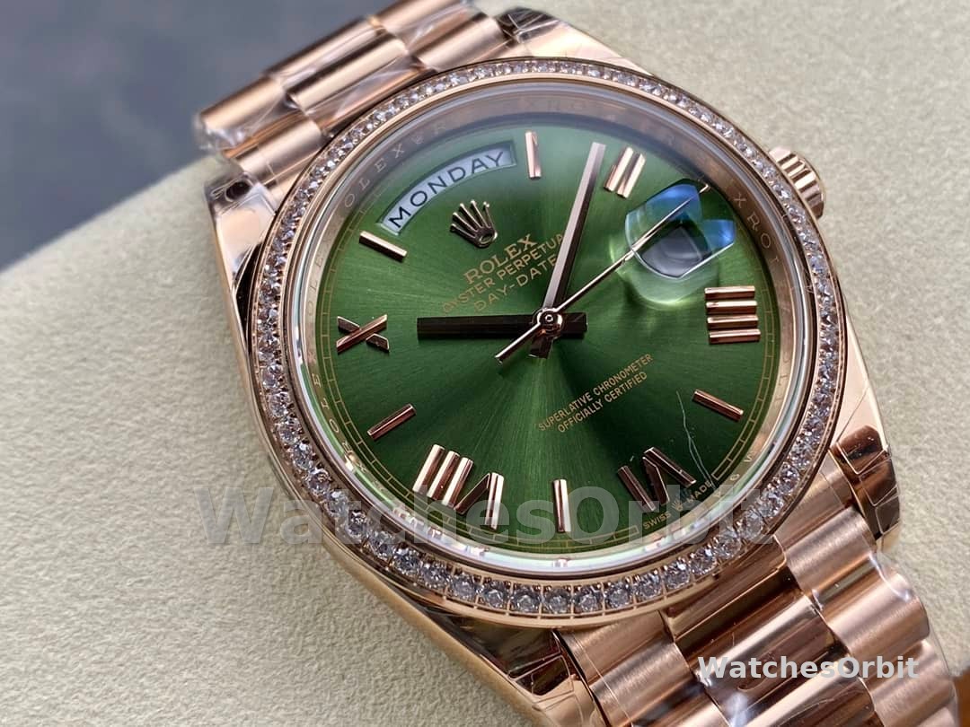 Rolex Day-Date 228345RBR 0011 Olive Green Roman Dial Diamond Bezel 40mm Mens Replica Watch